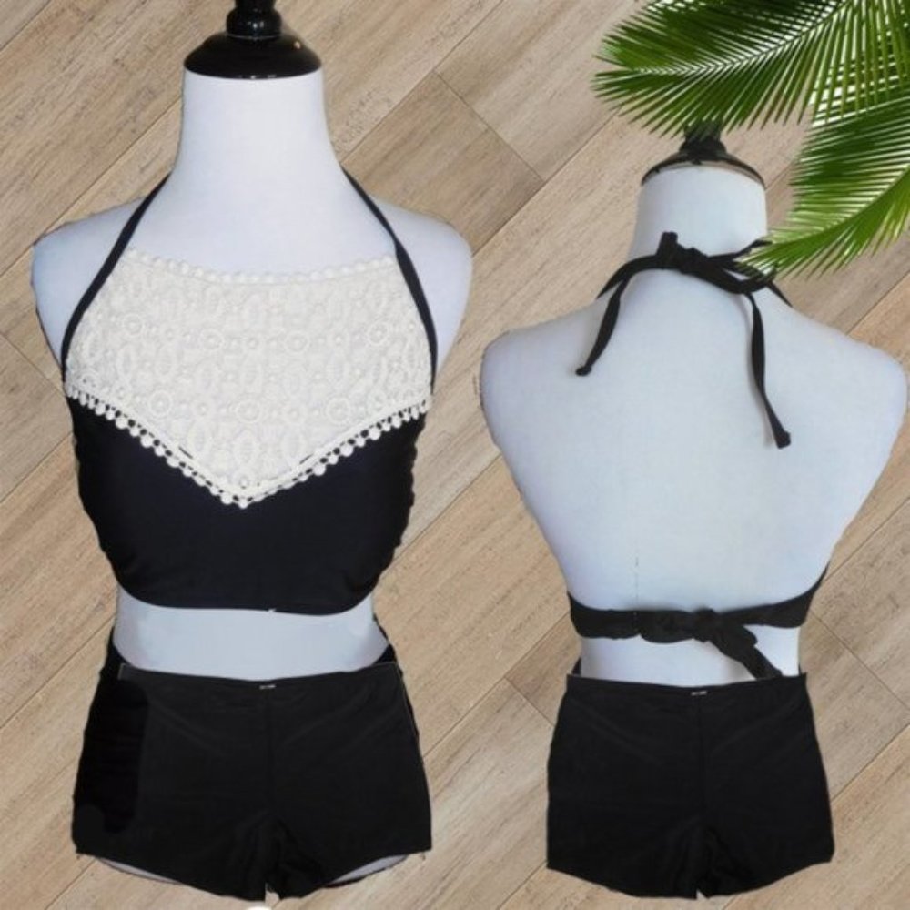 BLACK HALTER CROCHET TRIM TWO PIECE SWIMSUIT